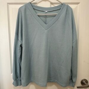 Women's Light Blue V-Neck Waffle Knit Top